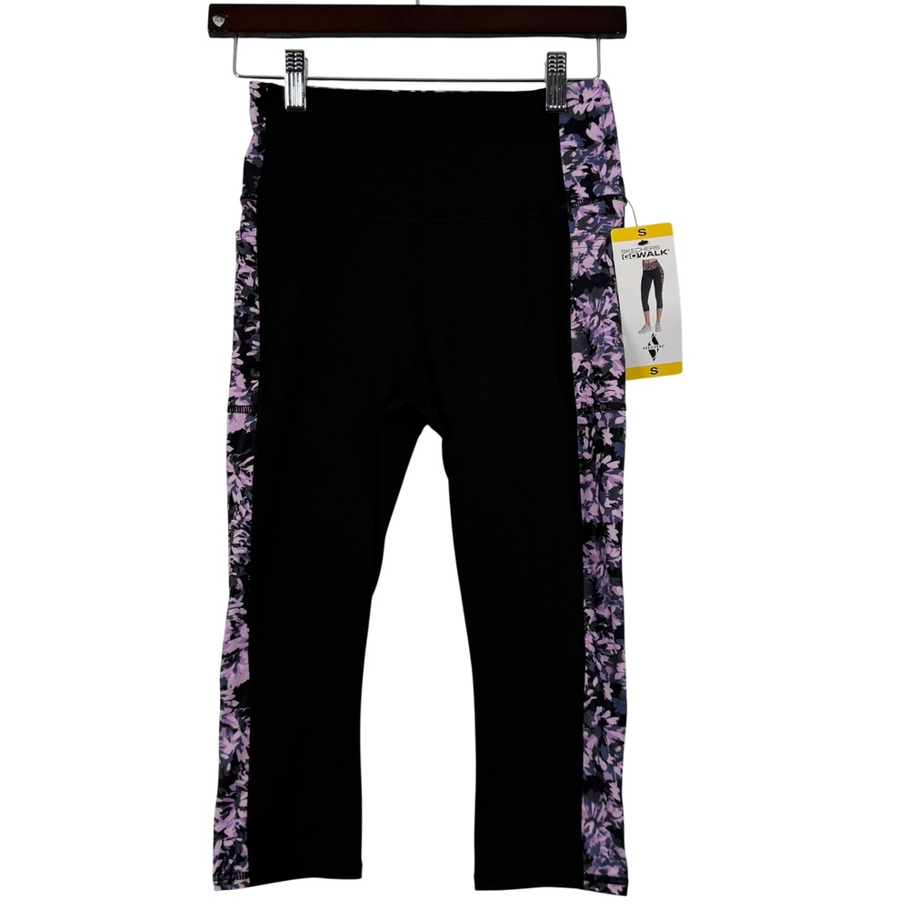 Skechers S GO WALK Capri Leggings Black Purple Floral Pockets Yoga Gym Fitness